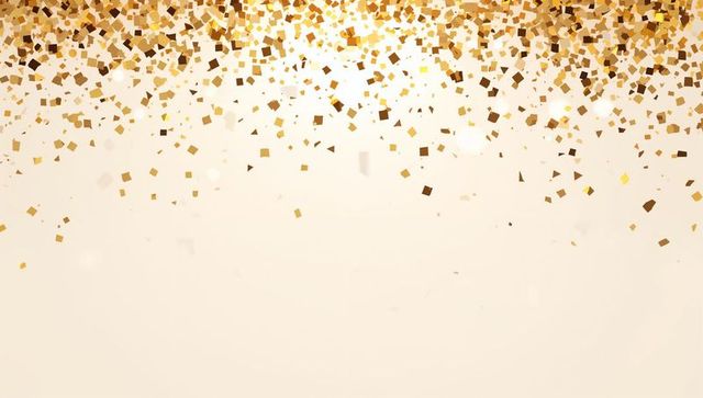 Cascading metallic gold confetti over cream gradient background with bokeh light sparkle