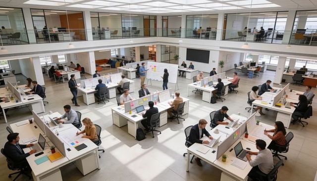 Teams collaborating in modern open-plan office with mezzanine and skylights