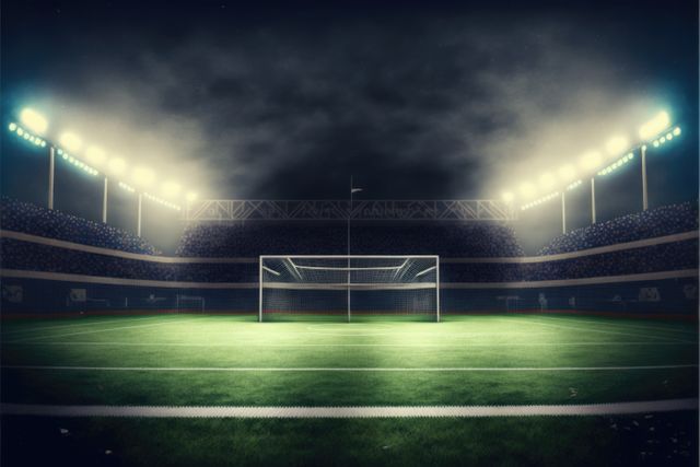 Depicting an empty soccer stadium at night with bright floodlights highlighting the goalposts and green field, this image is perfect for use in articles or blogs about night games, professional soccer leagues, sports events, the atmosphere in stadiums, or promotional content for upcoming matches. This image illustrates the serene but intense ambiance that awaits the players and audience during a night game.