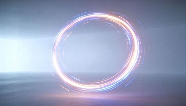 Glowing Neon Light Ring Emitting Multicolor Streaks in Minimalist Studio Space