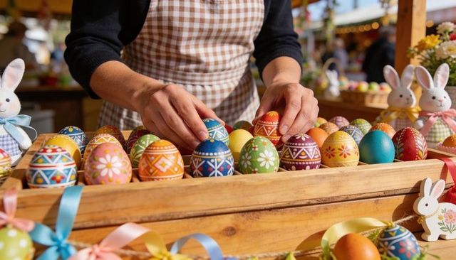 Vendor arranging colorful hand-painted easter eggs in wooden crate outdoor market display
