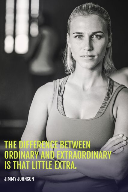 Monochrome image of a focused female athlete paired with an inspirational quote, perfect for gym decor, fitness posters, sports team materials, or motivational sessions. Ideal for enhancing environments promoting fitness and career goals.