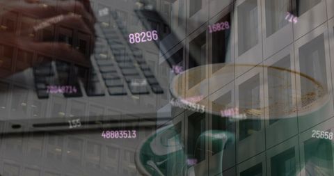 Composite of Financial Data, Office Building and Woman on Laptop