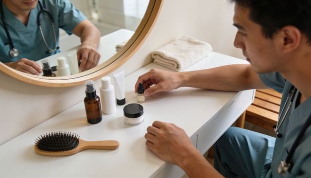 Male nurse selecting skincare dropper at vanity mirror while wearing stethoscope