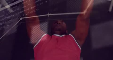 Athlete bench-pressing with animated performance data overlay for fitness training