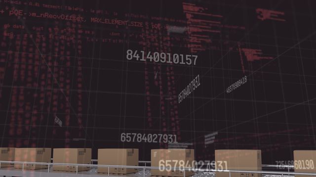 Animated visualization showing data processing in a logistics center. Boxes move on a conveyor belt. Perfect for illustrating themes of automation, global shipping, futuristic technology, and inventory management in logistics, supply chain industries. Useful for presentations, videos, and educational content about data integration in warehousing.