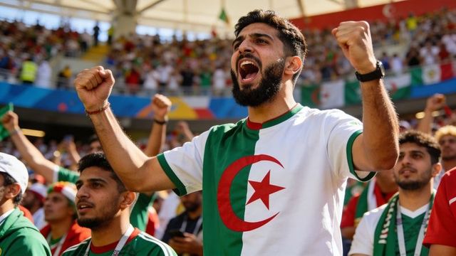 Algerian fan cheering and raising fists in packed stadium during football match celebration