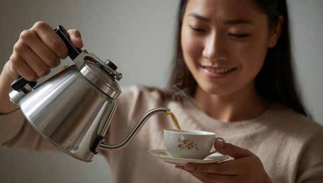 Woman Pouring Tea with Stainless Steel Gooseneck Kettle
