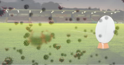 Virus in Empty Stadium with Rugby Ball Background Concept