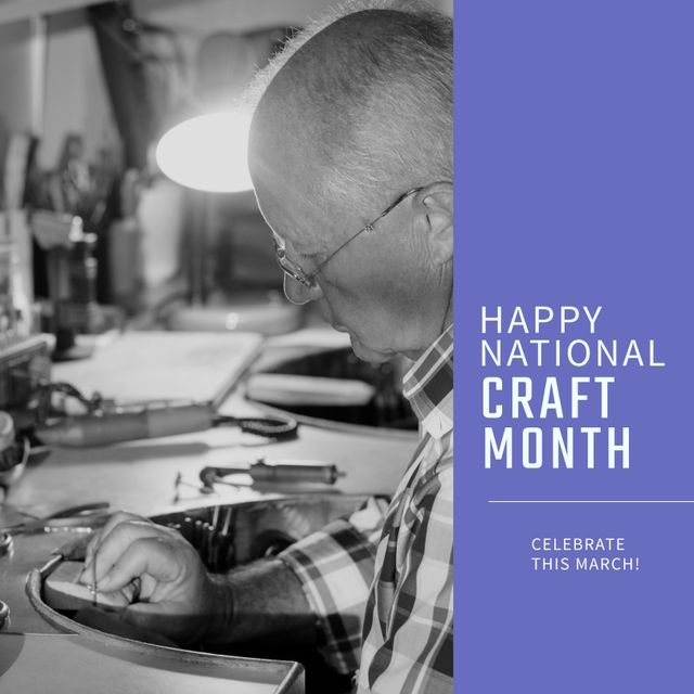 Composition of national craft month text over senior man working in workshop. National craft month, craftsmanship and small business concept.