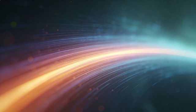 Curved neon light trail flowing across dark space, abstract motion background for tech