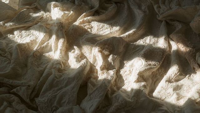 Crumpling cream damask duvet casting soft light and shadow over embossed paisley motifs