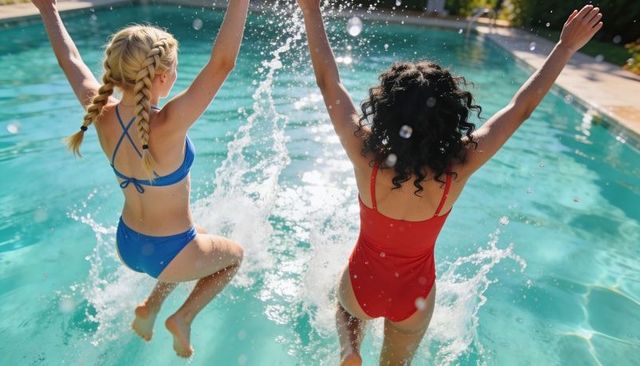 Two friends jumping into backyard pool splashing turquoise water on sunny summer day