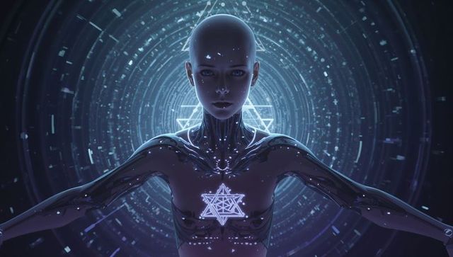 Futuristic Android With Glowing Star Symbols in Digital Vortex