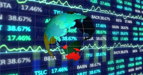 Global finance with spinning globe and stock data background
