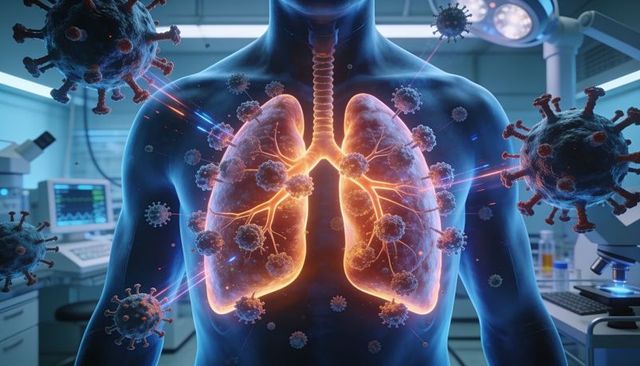 Translucent torso revealing inflamed lungs under viral attack 3d medical illustration lab