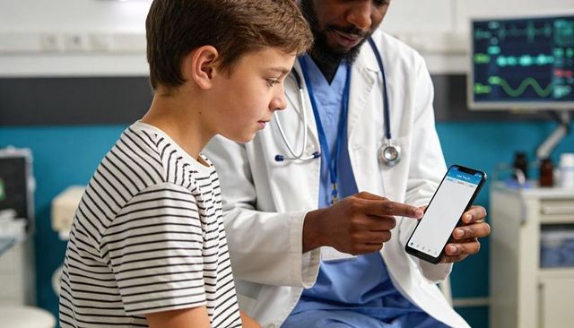 Pediatrician showing mobile health app to preteen patient during clinic consultation
