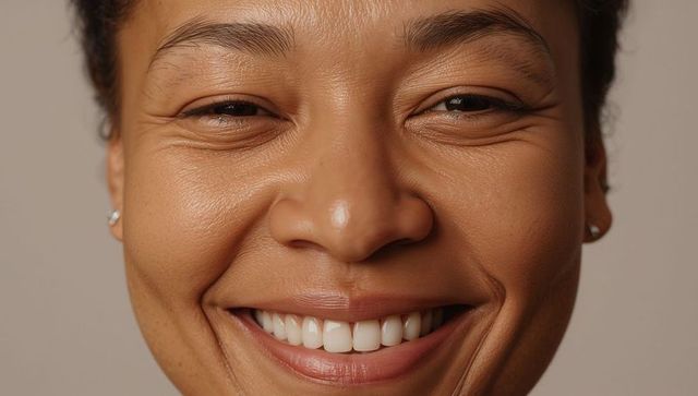 Smiling African American woman close-up showing teeth skin texture wearing silver studs