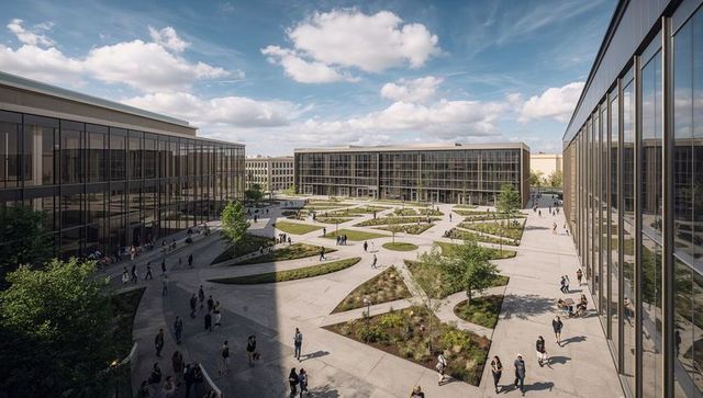 Modern campus courtyard with glass facades and walking pedestrians in urban plaza