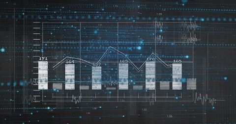 Futuristic data analytics dashboard showing bar and line charts on dark digital grid
