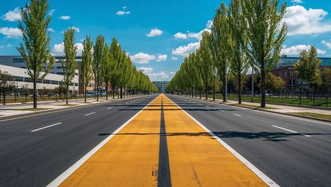 Empty urban boulevard with yellow median and tree-lined symmetry leading to horizon