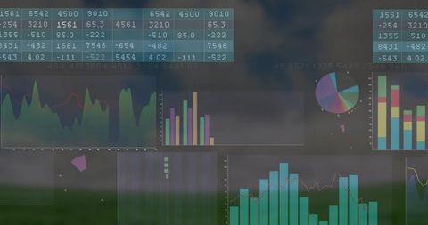 Translucent Data Dashboard Overlaying Grassy Field and Cloudy Sky with Pastel Charts