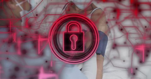 Healthcare Cybersecurity: Nurse Taking Patient's Blood Pressure, Digital Overlay