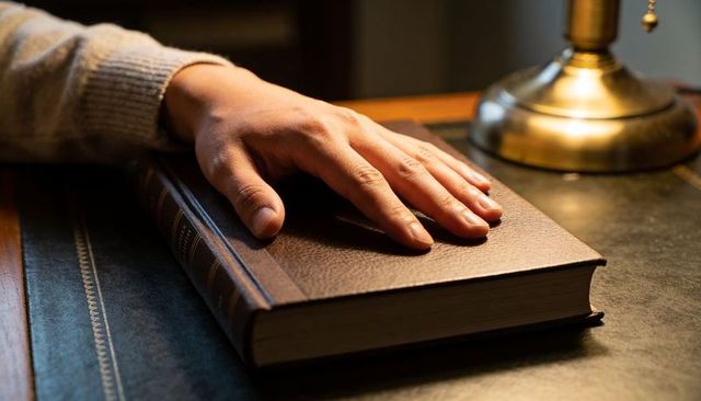 Resting hand on leather-bound book beside brass lamp, warm study ambience