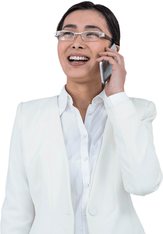 Smiling businesswoman in white using smartphone transparent background