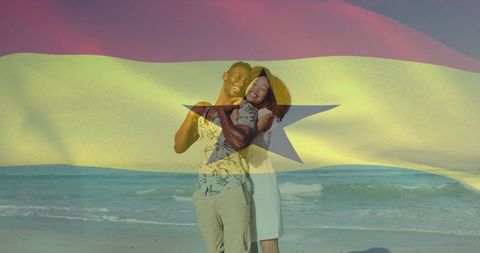 Couple embracing on beach with star flag overlay, romantic vacation double-exposure concept