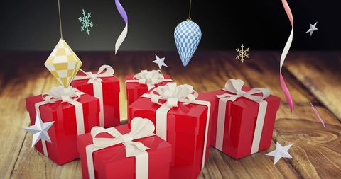 Festive Red Christmas Presents on Wooden Surface