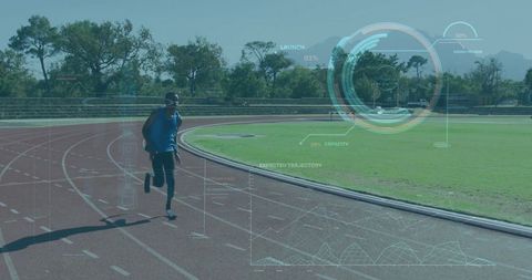 Teenage runner sprinting on track with futuristic hud elements