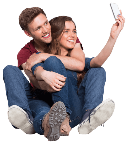Cheerful Young Couple Taking Selfie with Transparent Background