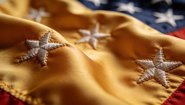 Featuring embroidered white stars on golden satin panel of american flag fabric detail