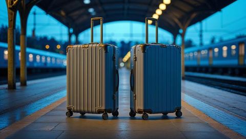 Lovers suitcases on railway platform in dusk mood with blurred trains