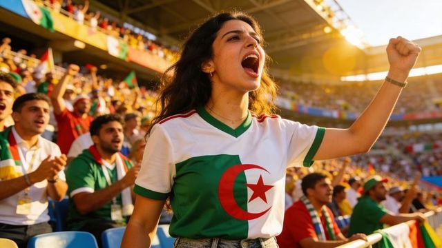 Algerian football supporter cheering passionately, raising fist in sunlit stadium crowd