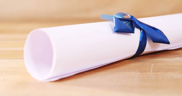 This image shows a close-up view of a rolled diploma tied with a blue ribbon, lying on a wooden surface. The setting evokes a sense of achievement and celebration, making it ideal for content related to education, graduation ceremonies, academic success, and motivational themes. It can be used in blogs, websites, presentations, and marketing materials focusing on educational achievements and recognitions.