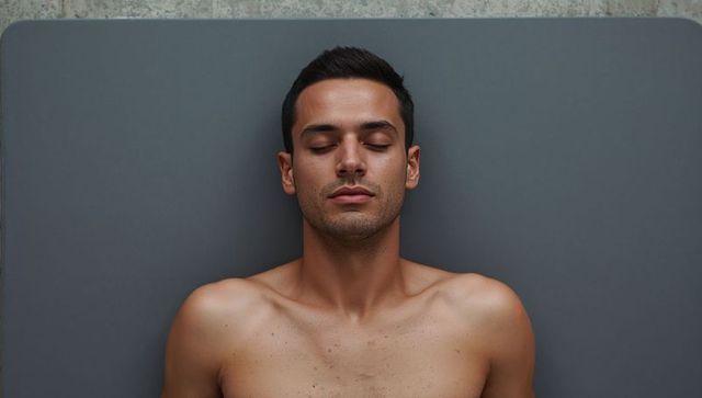 Young shirtless man resting on gray mat with closed eyes breathing calmly in minimal studio