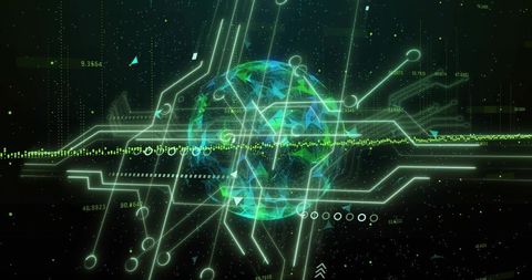 Rotating holographic globe emitting neon circuits and green waveform hud interface data visualizatio