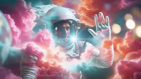 Astronaut Exploring Surreal Nebula Cloudscape