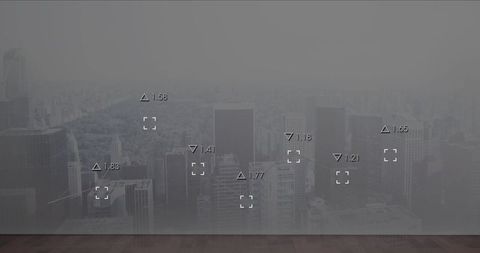 Futuristic Cityscape with Digital Data Overlay through Glass Wall