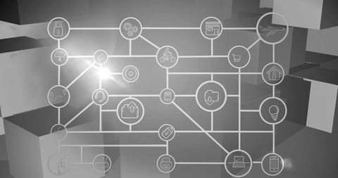 Digital network connections with technology icons on grey background