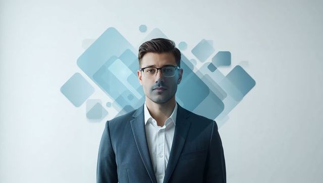 Confident executive wearing glasses and suit with modern blue geometric digital backdrop