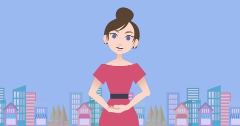 Animated Businesswoman Presenting with Cityscape Background