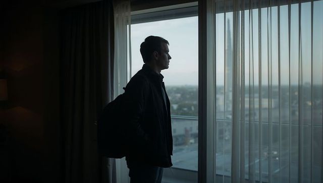 Silhouette traveler standing and gazing from hotel balcony at twilight cityscape