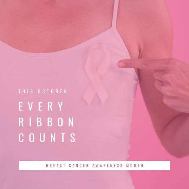 This image features a woman pointing to a pink ribbon to raise awareness for Breast Cancer Awareness Month in October. It can be used for campaigns, social media posts, flyers, and educational materials related to breast cancer prevention, support groups, and health promotion.