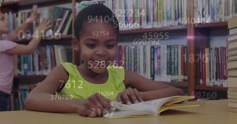 Young girl reading book in library with numeric overlay symbolizing learning
