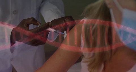 Clinician Injecting Vaccine into Patient Arm with Red DNA Strand Overlay for Genomics