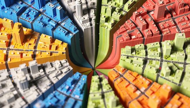 Colorful circular city model featuring radial wedges, miniature buildings and street grid