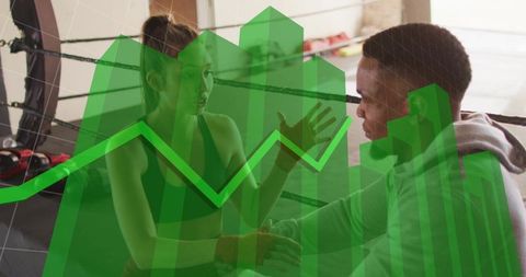 Boxer and coach discussing training plan in ring with rising green finance chart overlay